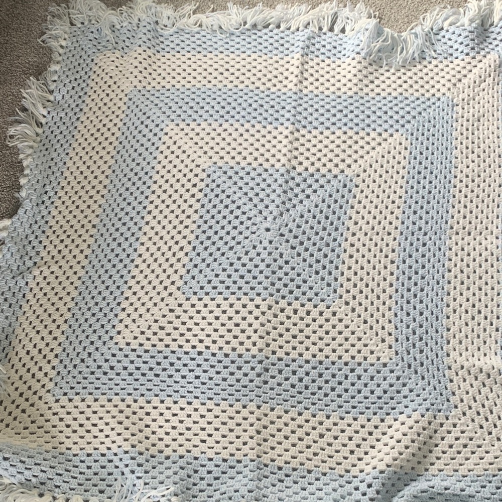Handmade Blue and White Crochet Baby Blanket ~48x48